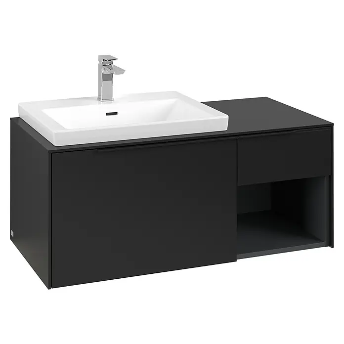 Villeroy & Boch Subway 3.0 Waschbeckenunterschrank - Volcano Black, Anzahl Schubladen: 2 Stk., Farbe Griff: Volcano Black, B x T x H: 100,1 x 51,6 x 42,3 cm, Mit Beleuchtung, Offenes Fach rechts - Dunkelgrauer Badunterschrank mit weißem Keramikwaschbecken, Chromarmatur und integriertem Stauraum.