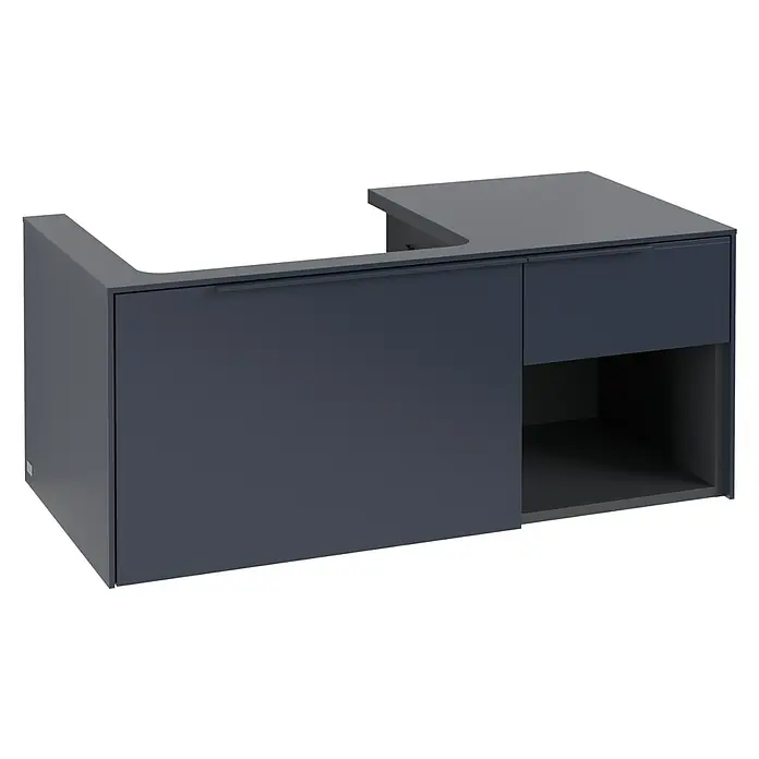 Villeroy & Boch Subway 3.0 Waschbeckenunterschrank - Marine Blue, Anzahl Schubladen: 2 Stk., Farbe Griff: Monochrom, B x T x H: 100,1 x 51,6 x 42,3 cm, Mit Beleuchtung, Offenes Fach rechts - Dunkelgrauer L-förmiger Waschtischunterschrank mit großer Schublade, kleinerer Schublade und offenem Fach.