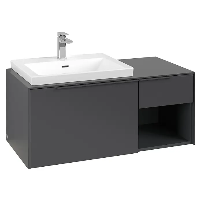 Villeroy & Boch Subway 3.0 Waschbeckenunterschrank - Graphite, Anzahl Schubladen: 2 Stk., Farbe Griff: Monochrom, B x T x H: 100,1 x 51,6 x 42,3 cm, Mit Beleuchtung, Offenes Fach rechts - Dunkelgrauer Badunterschrank mit weißem Rechteckwaschbecken, Chromarmatur, Schubladen und offenem Fach.