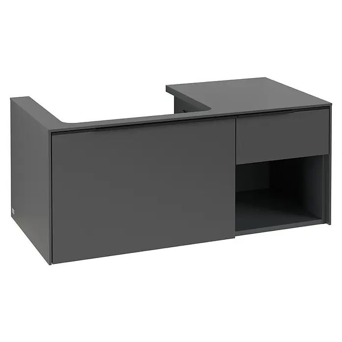 Villeroy & Boch Subway 3.0 Waschbeckenunterschrank - Graphite, Anzahl Schubladen: 2 Stk., Farbe Griff: Volcano Black, B x T x H: 100,1 x 51,6 x 42,3 cm, Mit Beleuchtung, Offenes Fach rechts - Dunkelgrauer L-förmiger Waschtischunterschrank mit Arbeitsplatte, Auszugsschublade und offenem Ablagefach.