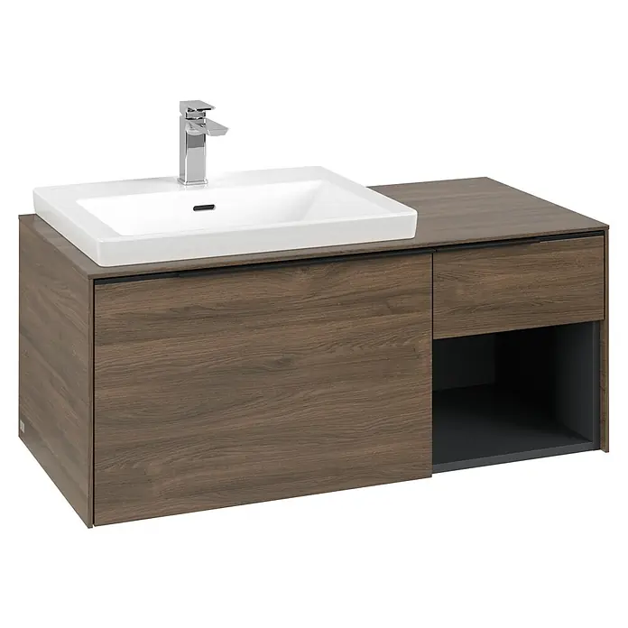 Villeroy & Boch Subway 3.0 Waschbeckenunterschrank - Arizona Oak, Anzahl Schubladen: 2 Stk., Farbe Griff: Volcano Black, B x T x H: 100,1 x 51,6 x 42,3 cm, Mit Beleuchtung, Offenes Fach rechts - Dunkler Holzwaschtisch mit weißem Keramikbecken, Chromarmatur und offener Ablage rechts.
