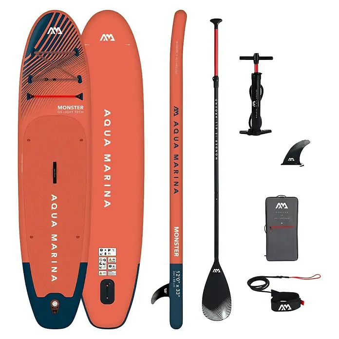 Aqua Marina SUP-Board Monster - L x B x H: 366 x 84 x 15 cm, Nutzlast: 170 kg - Abbildung eines Aqua Marina Monster SUP-Boards mit Zubehör. Ideal für Paddel-Abenteuer, inklusive Paddel, Pumpe und Tasche für einfachen Transport.