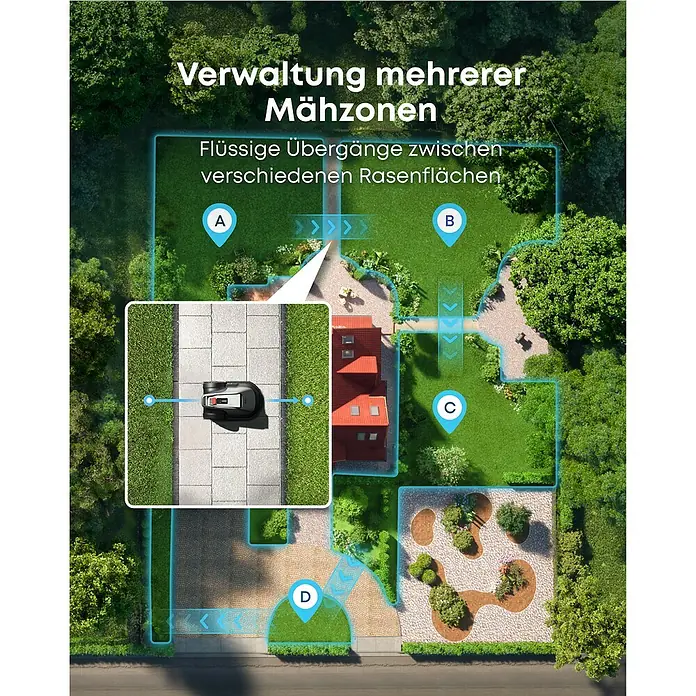 Eufy Mähroboter-Set E18 inkl. Garage - 1.200 m², Schnittbreite: 20,3 cm, Kamera-gestützte Navigation, GPS - Intelligente Rasenpflege mit dem Mähroboter: Mühelose Verwaltung mehrerer Mähzonen für einen perfekt gepflegten Garten.