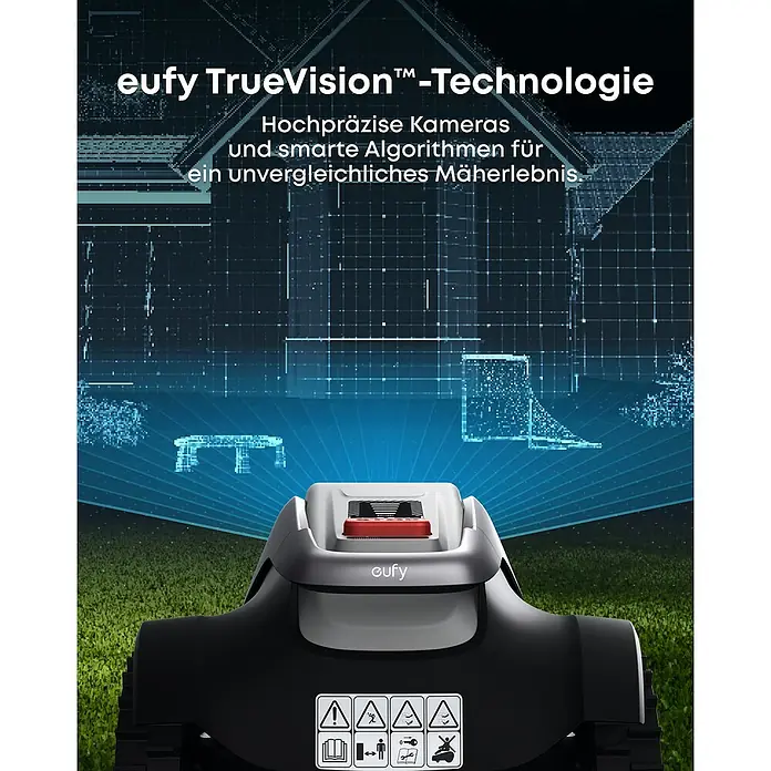 Eufy Mähroboter-Set E18 inkl. Garage - 1.200 m², Schnittbreite: 20,3 cm, Kamera-gestützte Navigation, GPS - Intelligenter Rasenmäher mit eufy TrueVision-Technologie, der hochpräzise Kameras und Algorithmen für ein unvergleichliches Mäherlebnis nutzt.