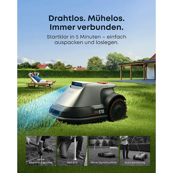 Eufy Mähroboter-Set E18 inkl. Garage - 1.200 m², Schnittbreite: 20,3 cm, Kamera-gestützte Navigation, GPS - Werbung für den Eufy-Mähroboter. Müheloses, kabelloses Mähen. Einfach auspacken und in 5 Minuten loslegen.