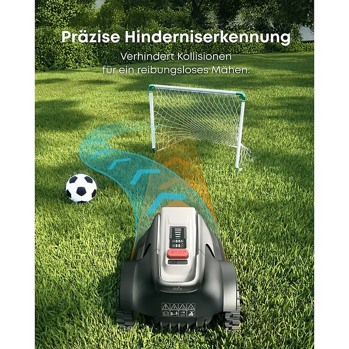 Eufy Mähroboter-Set E18 inkl. Garage - 1.200 m², Schnittbreite: 20,3 cm, Kamera-gestützte Navigation, GPS - Der eufy Robo-Rasenmäher umfährt Hindernisse wie Fußball und Tor dank präziser Hinderniserkennung für reibungsloses Mähen.
