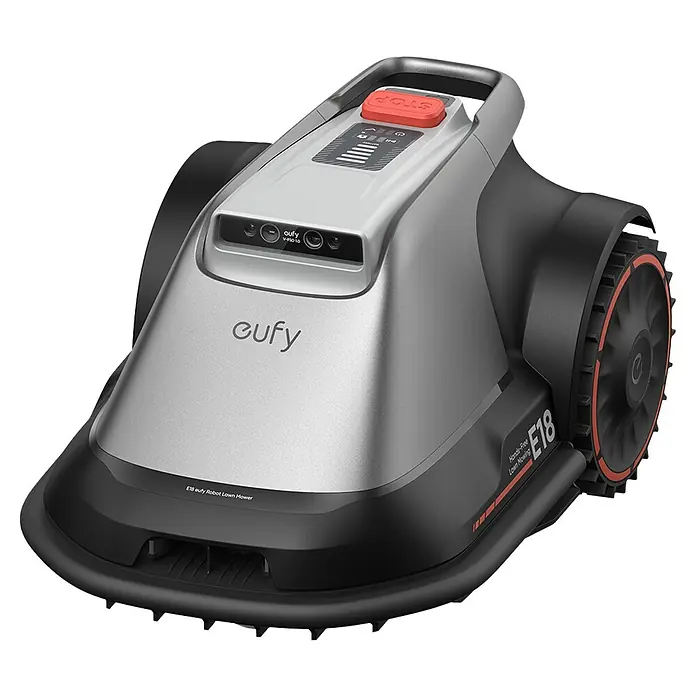 Eufy Mähroboter-Set E18 inkl. Garage - 1.200 m², Schnittbreite: 20,3 cm, Kamera-gestützte Navigation, GPS - Nahaufnahme des Eufy E18 Robotermähers mit intelligentem Design, ideal für die mühelose Rasenpflege mit fortschrittlicher Technologie.