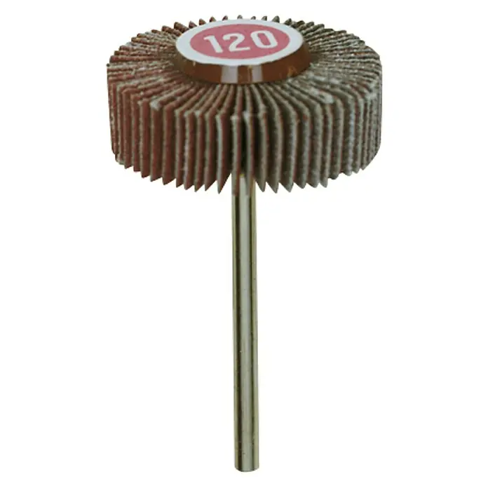 Proxxon Disco para lijar N.º 28985 - 30 mm, Grano: 120 - La imagen muestra un disco de lijado de láminas con grano 120 sobre un eje, ideal para llegar a lugares de difícil acceso.