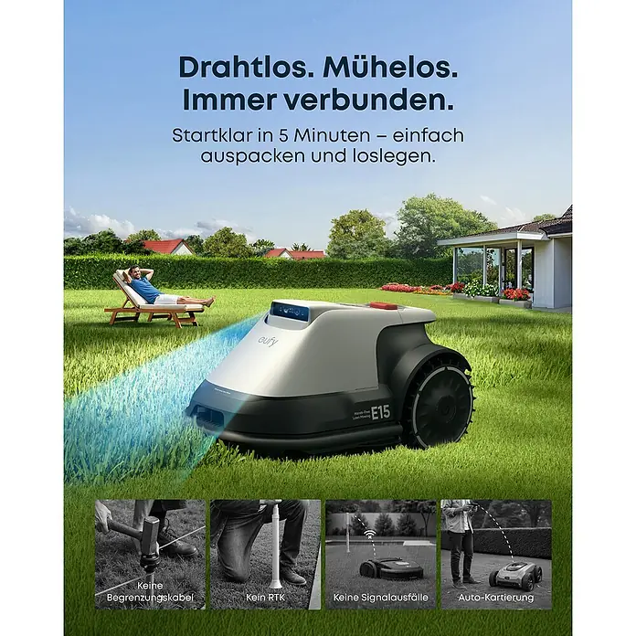Eufy Mähroboter-Set E15 inkl. Garage - 800 m², Schnittbreite: 20,3 cm, Kamera-gestützte Navigation, GPS - Der kabellose Eufy-Mähroboter E15 auf einem Rasen mit dem Slogan "Drahtlos. Mühelos. Immer verbunden." und Icons für die Features.