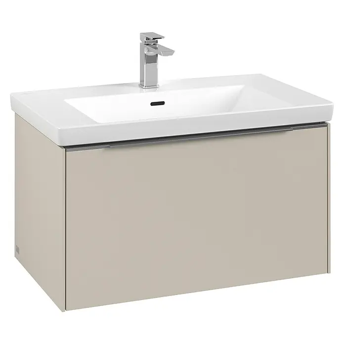 Villeroy & Boch Subway 3.0 Waschbeckenunterschrank - Cashmere Grey, Anzahl Schubladen: 1 Stk., Farbe Griff: Aluminium glänzend, B x T x H: 77,2 x 47,8 x 42,9 cm - Beige Waschtischunterschrank mit weißem Keramikwaschbecken und Chromarmatur.