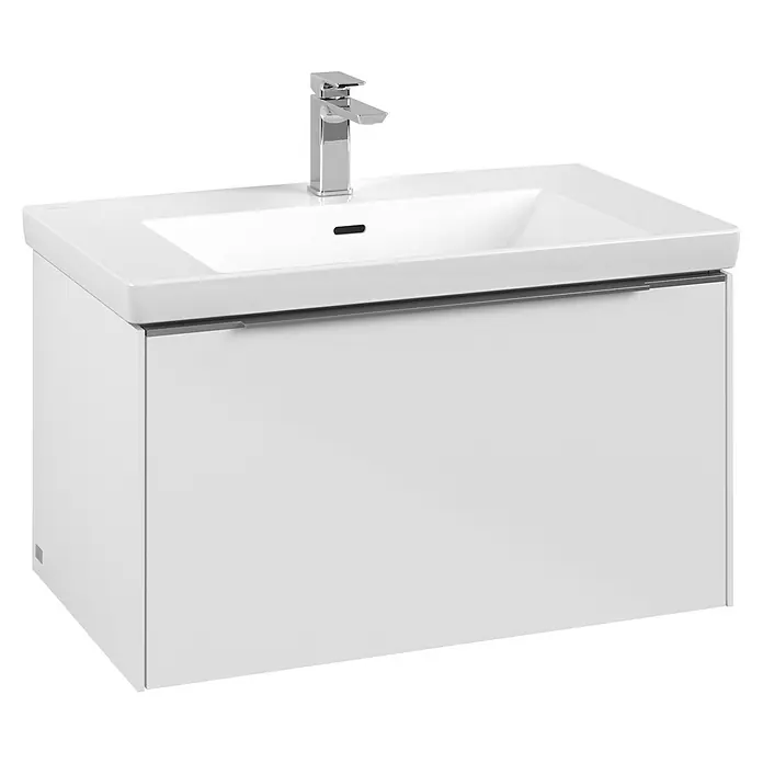 Villeroy & Boch Subway 3.0 Waschbeckenunterschrank - Brilliant White, Anzahl Schubladen: 1 Stk., Farbe Griff: Aluminium glänzend, B x T x H: 77,2 x 47,8 x 42,9 cm - Weißer wandmontierter Badezimmerunterschrank mit integriertem Keramikwaschbecken, Chromarmatur und einer Schublade mit schlankem Griff.