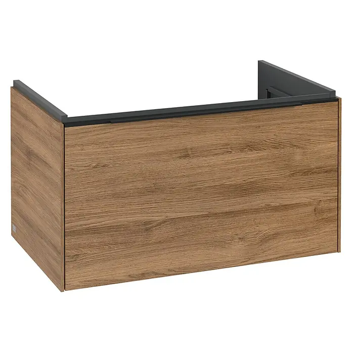 Villeroy & Boch Subway 3.0 Waschbeckenunterschrank - Kansas Oak, Anzahl Schubladen: 1 Stk., Farbe Griff: Volcano Black, B x T x H: 77,2 x 47,8 x 42,9 cm - Brauner Wandwaschtischunterschrank aus Holz mit dunkelgrauem Rahmen.