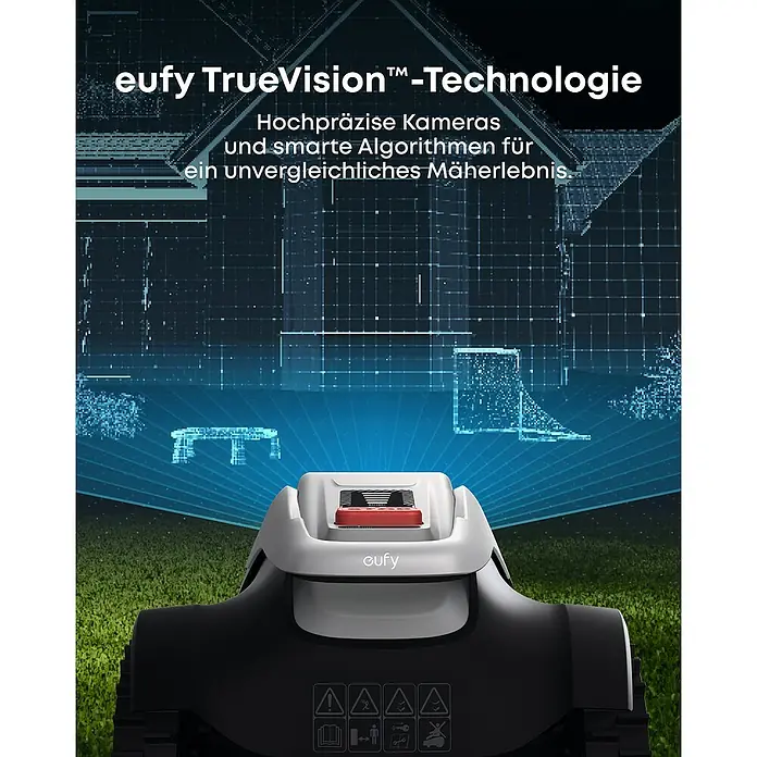 Eufy Mähroboter-Set E15 inkl. Garage - 800 m², Schnittbreite: 20,3 cm, Kamera-gestützte Navigation, GPS - Intelligenter Rasenmäher Eufy TrueVision™-Technologie mit hochpräzisen Kameras und Algorithmen für ein unvergleichliches Mäherlebnis.