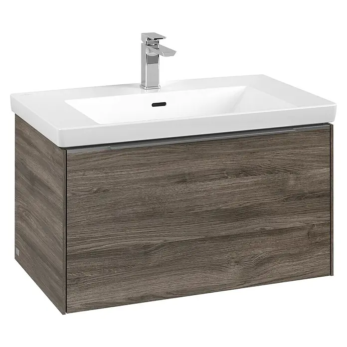Villeroy & Boch Subway 3.0 Waschbeckenunterschrank - Stone Oak, Anzahl Schubladen: 1 Stk., Farbe Griff: Aluminium glänzend, B x T x H: 77,2 x 47,8 x 42,9 cm - Moderner Badunterschrank mit weißem Waschbecken, Chromarmatur und dunklen Holzschubladen.