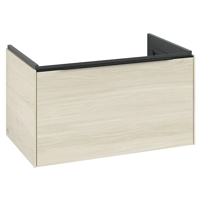 Villeroy & Boch Subway 3.0 Waschbeckenunterschrank - White Oak, Anzahl Schubladen: 1 Stk., Farbe Griff: Volcano Black, B x T x H: 77,2 x 47,8 x 42,9 cm - Heller Holzmaserung Unterschrank mit dunkelgrauem Griffprofil, geeignet für Küchen oder Bäder.