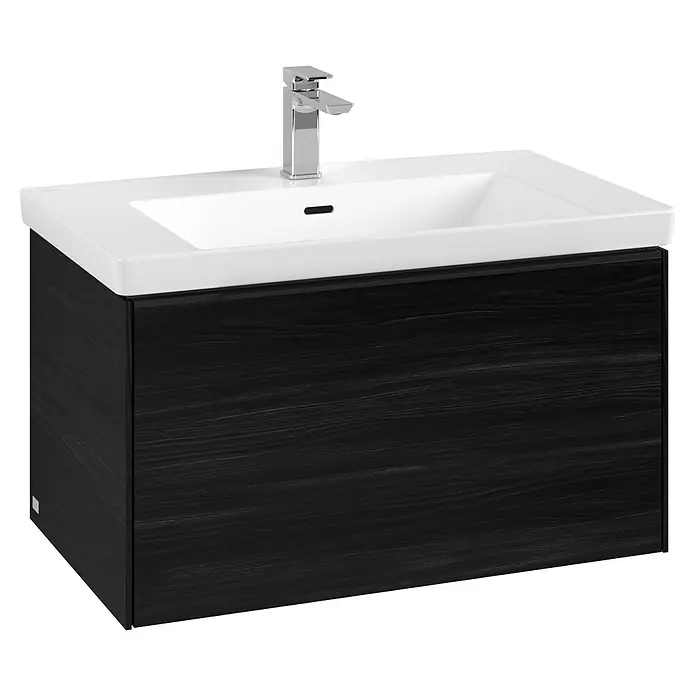 Villeroy & Boch Subway 3.0 Waschbeckenunterschrank - Black Oak, Anzahl Schubladen: 1 Stk., Farbe Griff: Volcano Black, B x T x H: 77,2 x 47,8 x 42,9 cm - Wandhängender Waschtischunterschrank mit weißem Keramikbecken, Chromarmatur und schwarzem Holzmaserungsschrank.