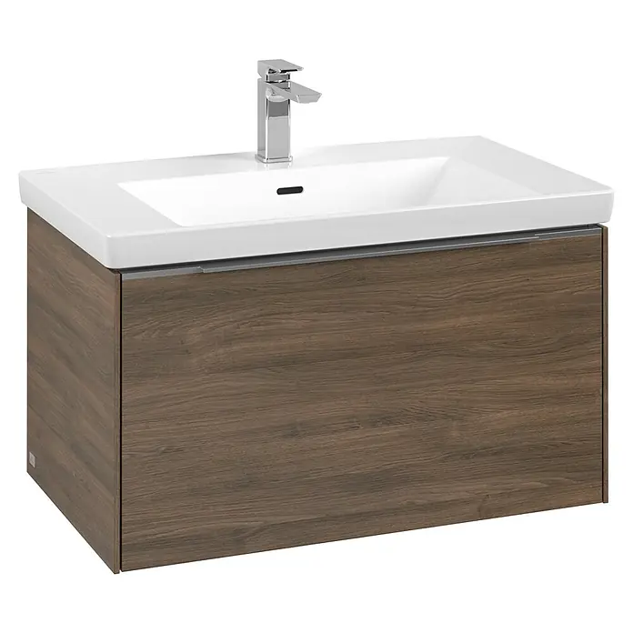 Villeroy & Boch Subway 3.0 Waschbeckenunterschrank - Arizona Oak, Anzahl Schubladen: 1 Stk., Farbe Griff: Aluminium glänzend, B x T x H: 77,2 x 47,8 x 42,9 cm - Dunkler Holz-Waschtisch mit weißem Waschbecken und Chromarmatur.