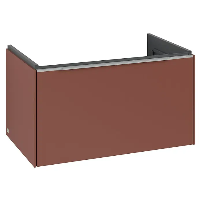 Villeroy & Boch Subway 3.0 Waschbeckenunterschrank - Wine Red, Anzahl Schubladen: 1 Stk., Farbe Griff: Aluminium glänzend, B x T x H: 77,2 x 47,8 x 42,9 cm - Matt rotbrauner Waschtischunterschrank mit dunkelgrauem Innenrahmen und silberner Griffleiste.