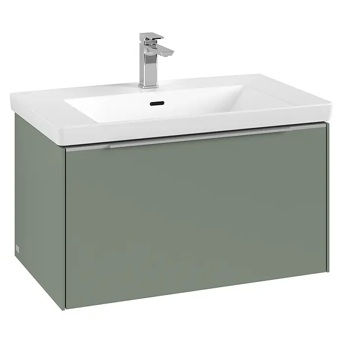 Villeroy & Boch Subway 3.0 Waschbeckenunterschrank - Soft Green, Anzahl Schubladen: 1 Stk., Farbe Griff: Aluminium glänzend, B x T x H: 77,2 x 47,8 x 42,9 cm - Moderner graugrüner Waschtischunterschrank mit weißem Keramikbecken und Chromarmatur.