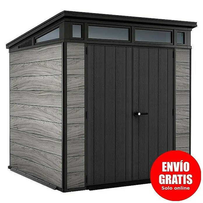 Keter Caseta para jardín Signature Storm Grey 77 - Medidas ext. (An x Pr): 216 x 218 cm, Plástico, Gris tormenta - Imagen de una caseta de jardín espaciosa con puertas dobles, diseño de madera gris y tragaluces para mayor luminosidad.