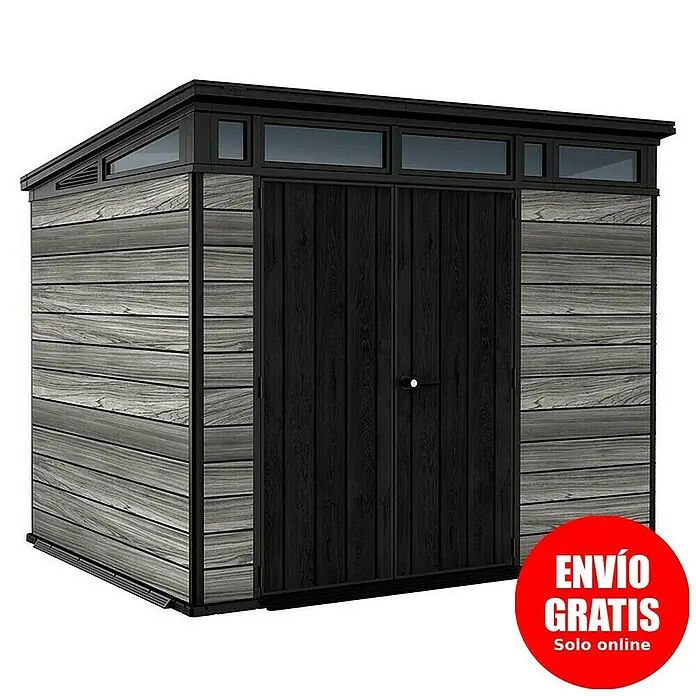 Keter Caseta para jardín Signature Storm Grey 97 - Medidas ext. (An x Pr): 279 x 218 cm, Plástico, Gris tormenta - Caseta de jardín negra con puertas dobles y claraboyas para más luz natural en el interior.