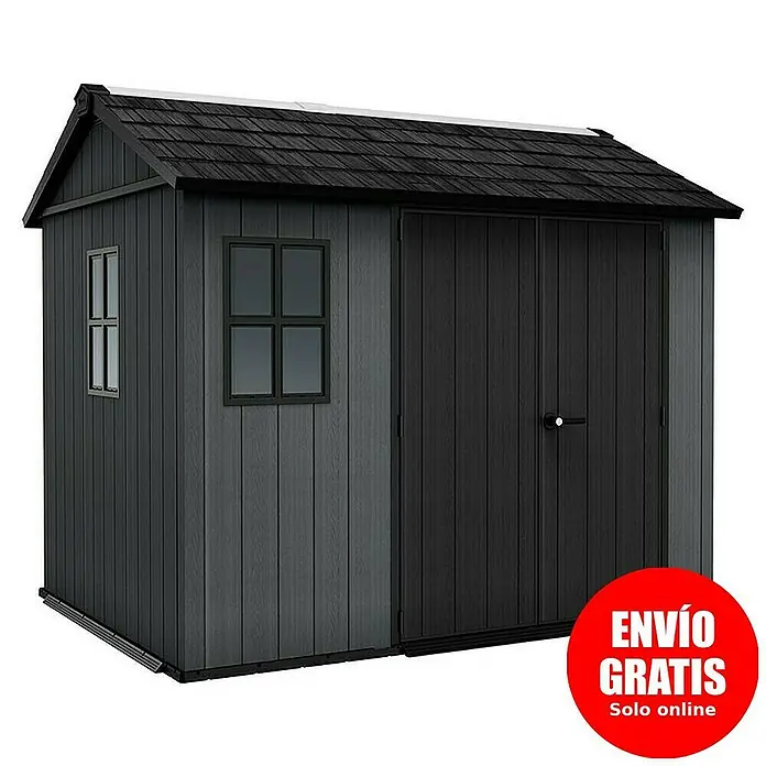 Keter Caseta para jardín Newton Plus 759 - Medidas ext. (An x Pr): 230 x 287 cm, Plástico, Gris - Imagen de un cobertizo de jardín con puerta doble, ventana pequeña y techo de tejas oscuras, ideal para soluciones de almacenamiento en el patio trasero.