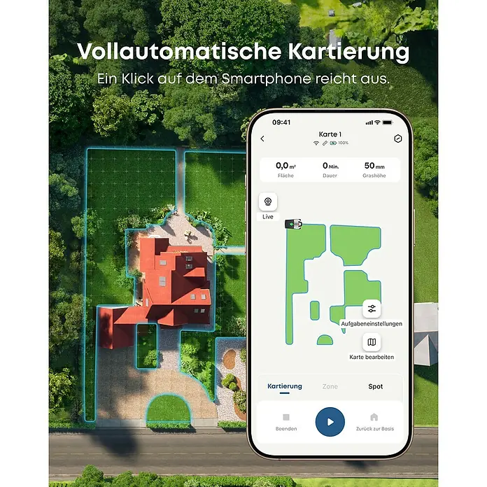 Eufy Mähroboter-Set E15 inkl. Garage - 800 m², Schnittbreite: 20,3 cm, Kamera-gestützte Navigation, GPS - Intelligente Rasenpflege: Vollautomatische Kartierung mit Smartphone-Steuerung für präzises Mähen und personalisierte Rasenpflege.