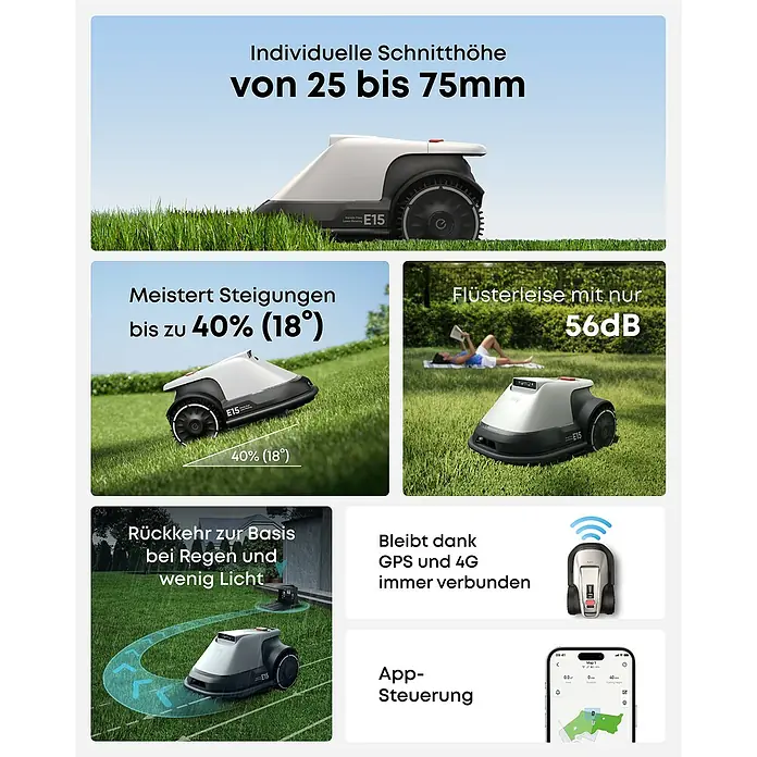Eufy Mähroboter-Set E15 inkl. Garage - 800 m², Schnittbreite: 20,3 cm, Kamera-gestützte Navigation, GPS - Produktabbildung eines Rasenmähroboters E15, der sich durch seine einstellbare Schnitthöhe und Steigungsfähigkeit auszeichnet.