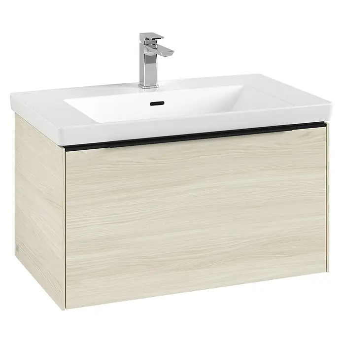 Villeroy & Boch Subway 3.0 Waschbeckenunterschrank - White Oak, Anzahl Schubladen: 1 Stk., Farbe Griff: Volcano Black, B x T x H: 77,2 x 47,8 x 42,9 cm - Moderner Badwaschtisch mit weißem Keramikbecken, Chromarmatur und hellem Holzschrank.