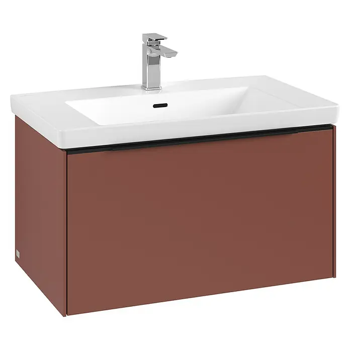 Villeroy & Boch Subway 3.0 Waschbeckenunterschrank - Wine Red, Anzahl Schubladen: 1 Stk., Farbe Griff: Volcano Black, B x T x H: 77,2 x 47,8 x 42,9 cm - Weißes Keramik-Waschbecken mit Chromarmatur auf einem mattbraunen Unterschrank.