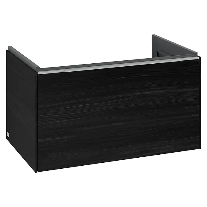 Villeroy & Boch Subway 3.0 Waschbeckenunterschrank - Black Oak, Anzahl Schubladen: 1 Stk., Farbe Griff: Aluminium glänzend, B x T x H: 77,2 x 47,8 x 42,9 cm - Schwarzholzoptik-Waschtischunterschrank mit grauer Oberkante.