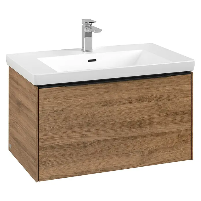 Villeroy & Boch Subway 3.0 Waschbeckenunterschrank - Kansas Oak, Anzahl Schubladen: 1 Stk., Farbe Griff: Volcano Black, B x T x H: 77,2 x 47,8 x 42,9 cm - Moderne Badmöbel mit weißem Keramikwaschbecken, Chromarmatur und braunem Holzschrank.
