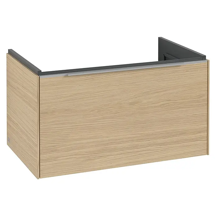 Villeroy & Boch Subway 3.0 Waschbeckenunterschrank - Nordik Oak, Anzahl Schubladen: 1 Stk., Farbe Griff: Aluminium glänzend, B x T x H: 77,2 x 47,8 x 42,9 cm - Helles Holzmaserung Schubladenschrank mit grauem Oberrahmen.