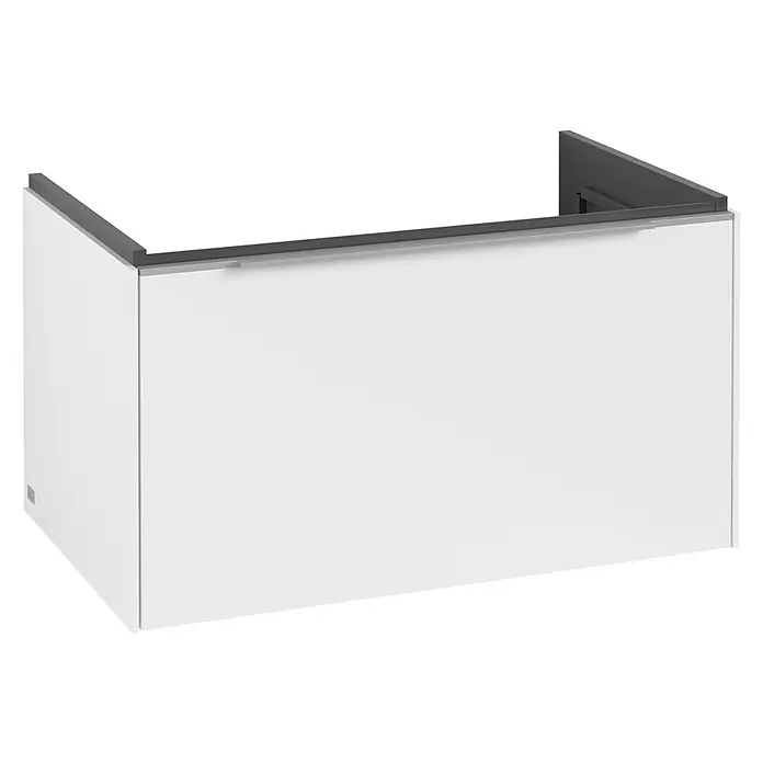 Villeroy & Boch Subway 3.0 Waschbeckenunterschrank - Brilliant White, Anzahl Schubladen: 1 Stk., Farbe Griff: Aluminium glänzend, B x T x H: 77,2 x 47,8 x 42,9 cm - Weißer wandmontierter Waschtischunterschrank mit dunkelgrauem oberen Rahmen und silbernem Griff.