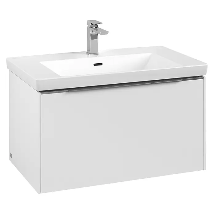 Villeroy & Boch Subway 3.0 Waschbeckenunterschrank - Pure White, Anzahl Schubladen: 1 Stk., Farbe Griff: Aluminium glänzend, B x T x H: 77,2 x 47,8 x 42,9 cm - Wandhängender weißer Badunterschrank mit integriertem rechteckigem Waschbecken und Chromarmatur.