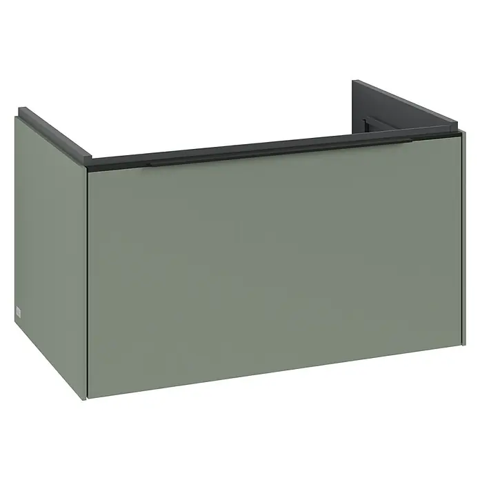 Villeroy & Boch Subway 3.0 Waschbeckenunterschrank - Soft Green, Anzahl Schubladen: 1 Stk., Farbe Griff: Volcano Black, B x T x H: 77,2 x 47,8 x 42,9 cm - Grüngrauer Waschtischunterschrank mit dunkelgrauer Oberkante.
