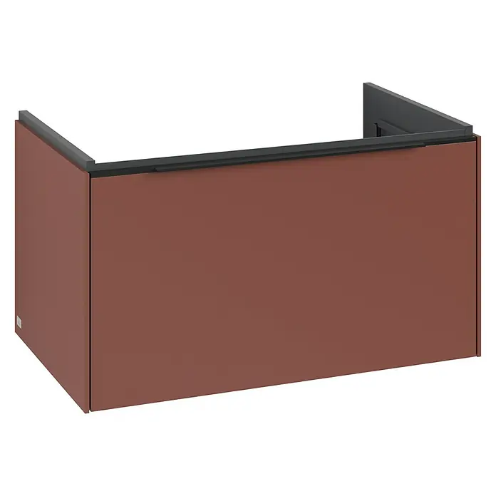 Villeroy & Boch Subway 3.0 Waschbeckenunterschrank - Wine Red, Anzahl Schubladen: 1 Stk., Farbe Griff: Volcano Black, B x T x H: 77,2 x 47,8 x 42,9 cm - Rotbrauner Unterschrank mit offener Rückseite und dunkelgrauer Oberkante.