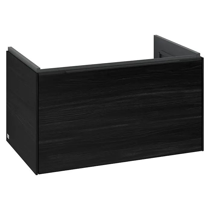Villeroy & Boch Subway 3.0 Waschbeckenunterschrank - Black Oak, Anzahl Schubladen: 1 Stk., Farbe Griff: Volcano Black, B x T x H: 77,2 x 47,8 x 42,9 cm - Front eines Schranks oder einer Schublade in dunkler Holzoptik mit eleganter grauer Oberkante.
