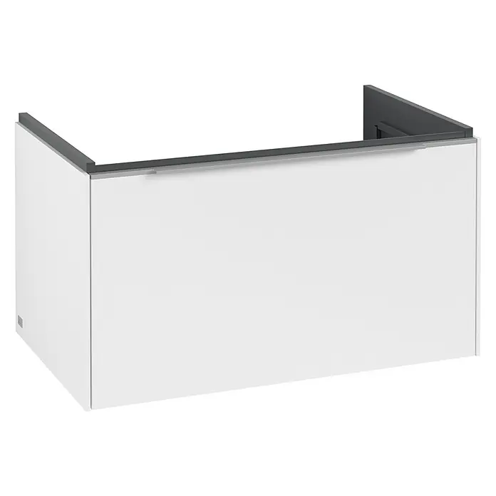 Villeroy & Boch Subway 3.0 Waschbeckenunterschrank - Pure White, Anzahl Schubladen: 1 Stk., Farbe Griff: Aluminium glänzend, B x T x H: 77,2 x 47,8 x 42,9 cm - Weiße, grifflose Schrankfront mit silberfarbener Griffmulde und dunkelgrauer Oberkante.