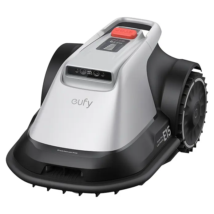 Eufy Mähroboter-Set E15 inkl. Garage - 800 m², Schnittbreite: 20,3 cm, Kamera-gestützte Navigation, GPS - Der Eufy RoboMäher E15 ist ein moderner, autonomer Rasenmäher in Grau und Schwarz. Er bietet eine einfache und bequeme Rasenpflege.