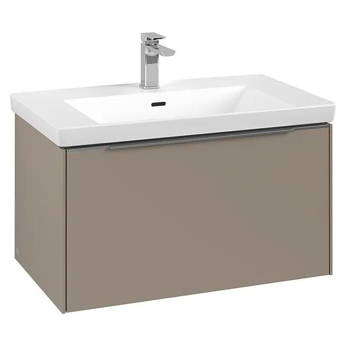 Villeroy & Boch Subway 3.0 Waschbeckenunterschrank - Taupe, Anzahl Schubladen: 1 Stk., Farbe Griff: Aluminium glänzend, B x T x H: 77,2 x 47,8 x 42,9 cm - Moderner beigefarbener Badunterschrank mit integriertem weißen Waschbecken und Chromarmatur.