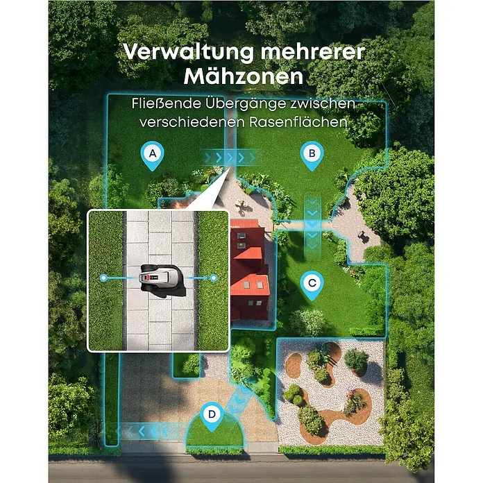 Eufy Mähroboter-Set E15 inkl. Garage - 800 m², Schnittbreite: 20,3 cm, Kamera-gestützte Navigation, GPS - Mähroboter-Konzept für mehrere Zonen. Mühelos Übergänge zwischen verschiedenen Rasenflächen mit diesem Roboter.
