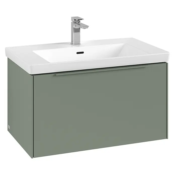 Villeroy & Boch Subway 3.0 Waschbeckenunterschrank - Soft Green, Anzahl Schubladen: 1 Stk., Farbe Griff: Monochrom, B x T x H: 77,2 x 47,8 x 42,9 cm - Grüner Badunterschrank mit weißem Keramikwaschbecken und Chromarmatur.