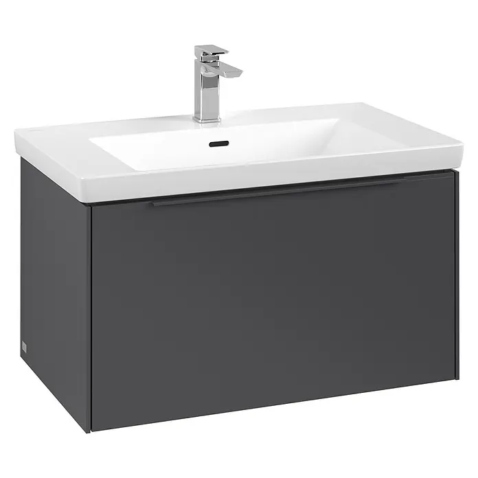 Villeroy & Boch Subway 3.0 Waschbeckenunterschrank - Graphite, Anzahl Schubladen: 1 Stk., Farbe Griff: Monochrom, B x T x H: 77,2 x 47,8 x 42,9 cm - Dunkelgrauer wandhängender Badunterschrank mit weißem Waschbecken und Chromarmatur.