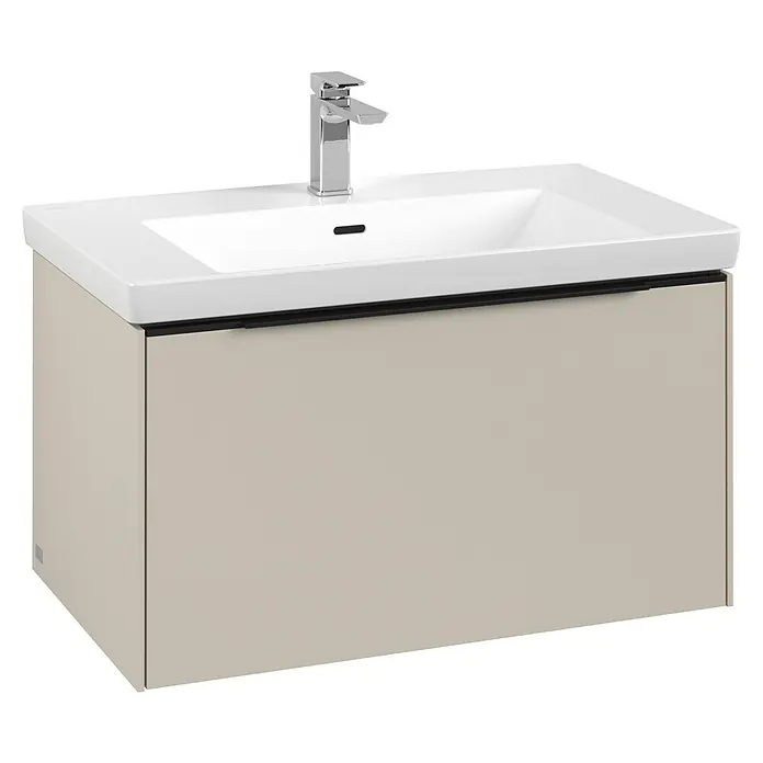 Villeroy & Boch Subway 3.0 Waschbeckenunterschrank - Cashmere Grey, Anzahl Schubladen: 1 Stk., Farbe Griff: Volcano Black, B x T x H: 77,2 x 47,8 x 42,9 cm - Moderne beigefarbene Badmöbel mit weißem Waschbecken und Chromarmatur.