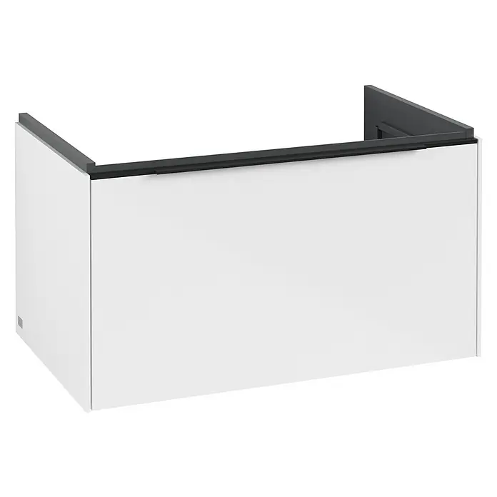 Villeroy & Boch Subway 3.0 Waschbeckenunterschrank - Brilliant White, Anzahl Schubladen: 1 Stk., Farbe Griff: Volcano Black, B x T x H: 77,2 x 47,8 x 42,9 cm - Weißer Waschtischunterschrank mit dunkelgrauer Oberkante.