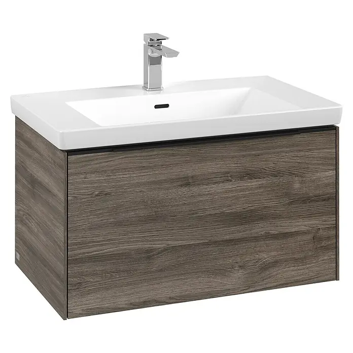 Villeroy & Boch Subway 3.0 Waschbeckenunterschrank - Stone Oak, Anzahl Schubladen: 1 Stk., Farbe Griff: Volcano Black, B x T x H: 77,2 x 47,8 x 42,9 cm - Badezimmerschrank mit weißem Keramikwaschbecken und dunklem Holzunterschrank, inklusive Chromarmatur.