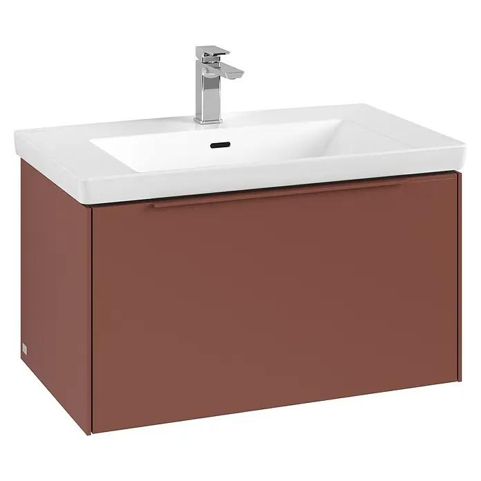 Villeroy & Boch Subway 3.0 Waschbeckenunterschrank - Wine Red, Anzahl Schubladen: 1 Stk., Farbe Griff: Monochrom, B x T x H: 77,2 x 47,8 x 42,9 cm - Brauner Badunterschrank mit weißem Keramikwaschbecken und Chromarmatur.