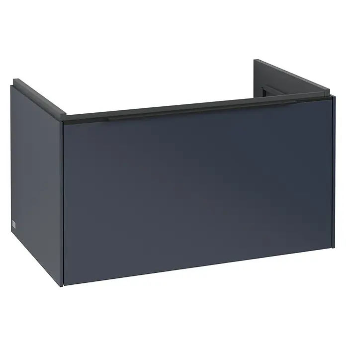 Villeroy & Boch Subway 3.0 Waschbeckenunterschrank - Marine Blue, Anzahl Schubladen: 1 Stk., Farbe Griff: Volcano Black, B x T x H: 77,2 x 47,8 x 42,9 cm - Dunkelgrauer wandmontierter Waschtischunterschrank mit offener Oberseite für Installationen.