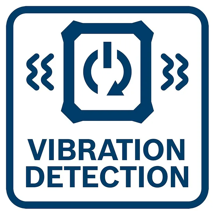 Bosch Professional Auto-Start-Set GCA 30-42 + GCT 30-42 - 5 -tlg. - Symbol für Vibrationserkennung: Ein Power-Symbol in einem Sechseck, flankiert von Wellenlinien, über dem Text 'VIBRATION DETECTION'.